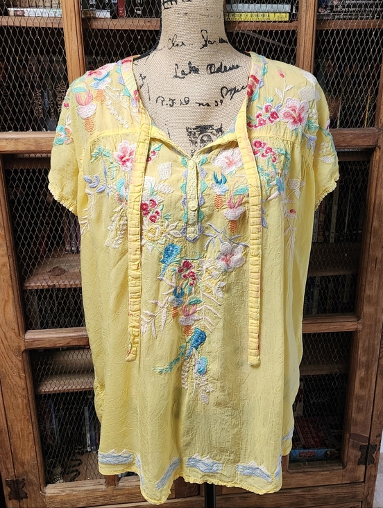 Johnny Was Tops - Johhny Was NWOT Embroidered Yellow Tie-Neck Top Sz XL